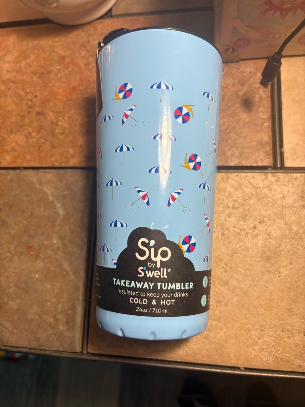 Sip by S’well 24 oz. Takeaway Tumbler. NEW!! Shade Factor. Beach umbrella scene.